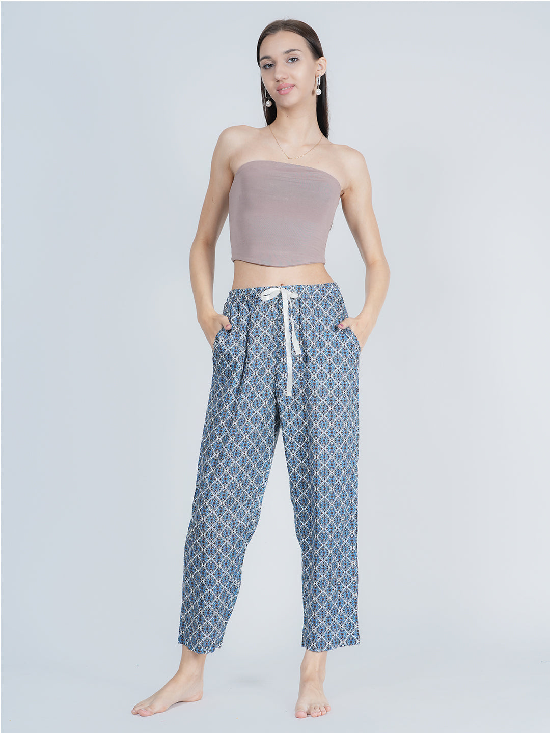 STYLE SHOES Blue and White Regular Fit Printed Cotton Pyjama/Lounge Pant for Women & Girls