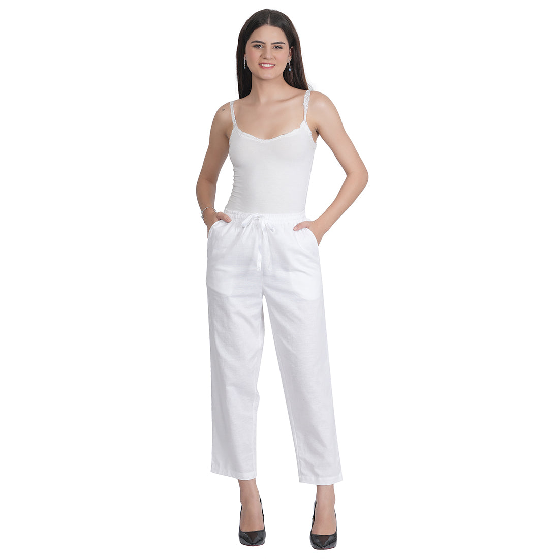 STYLE SHOES White Regular Fit Linen Pyjama/lounge pants for Women and Girls