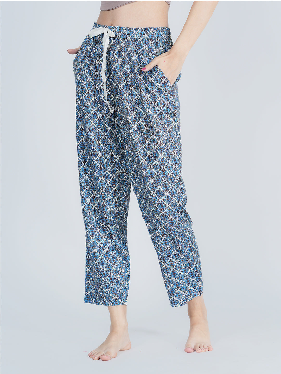 STYLE SHOES Blue and White Regular Fit Printed Cotton Pyjama/Lounge Pant for Women & Girls