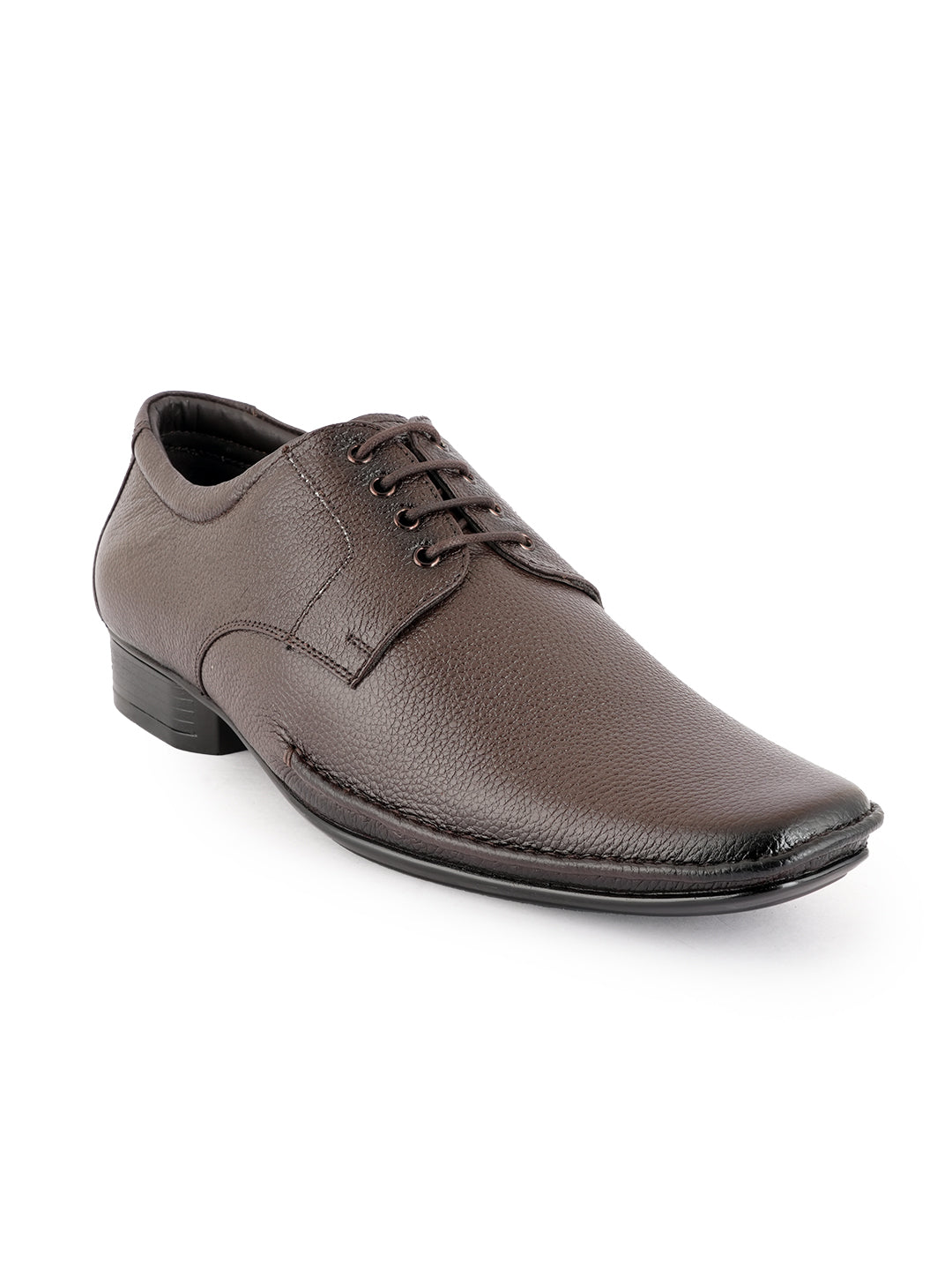 Brown Men Leather Round Toe Formal Derby Shoes