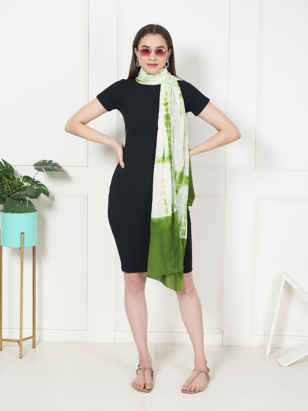 Style Shoes Green & White Tie and Dye Printed Cotton Stole for Women & Girls