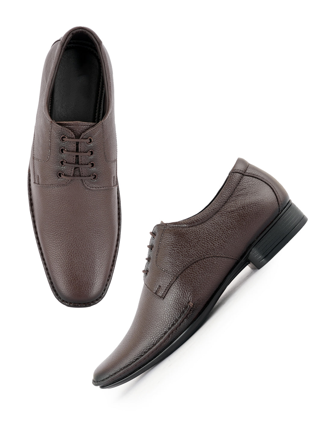 Brown Men Leather Round Toe Formal Derby Shoes
