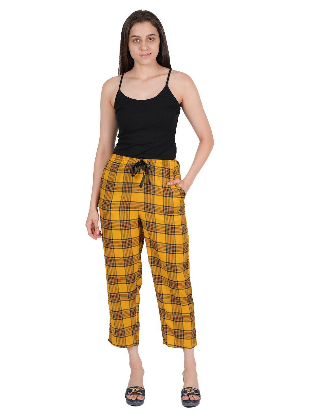 STYLE SHOES Yellow Checked Cotton Mid Rise Pyjama/Lounge Pant for Women and Girls