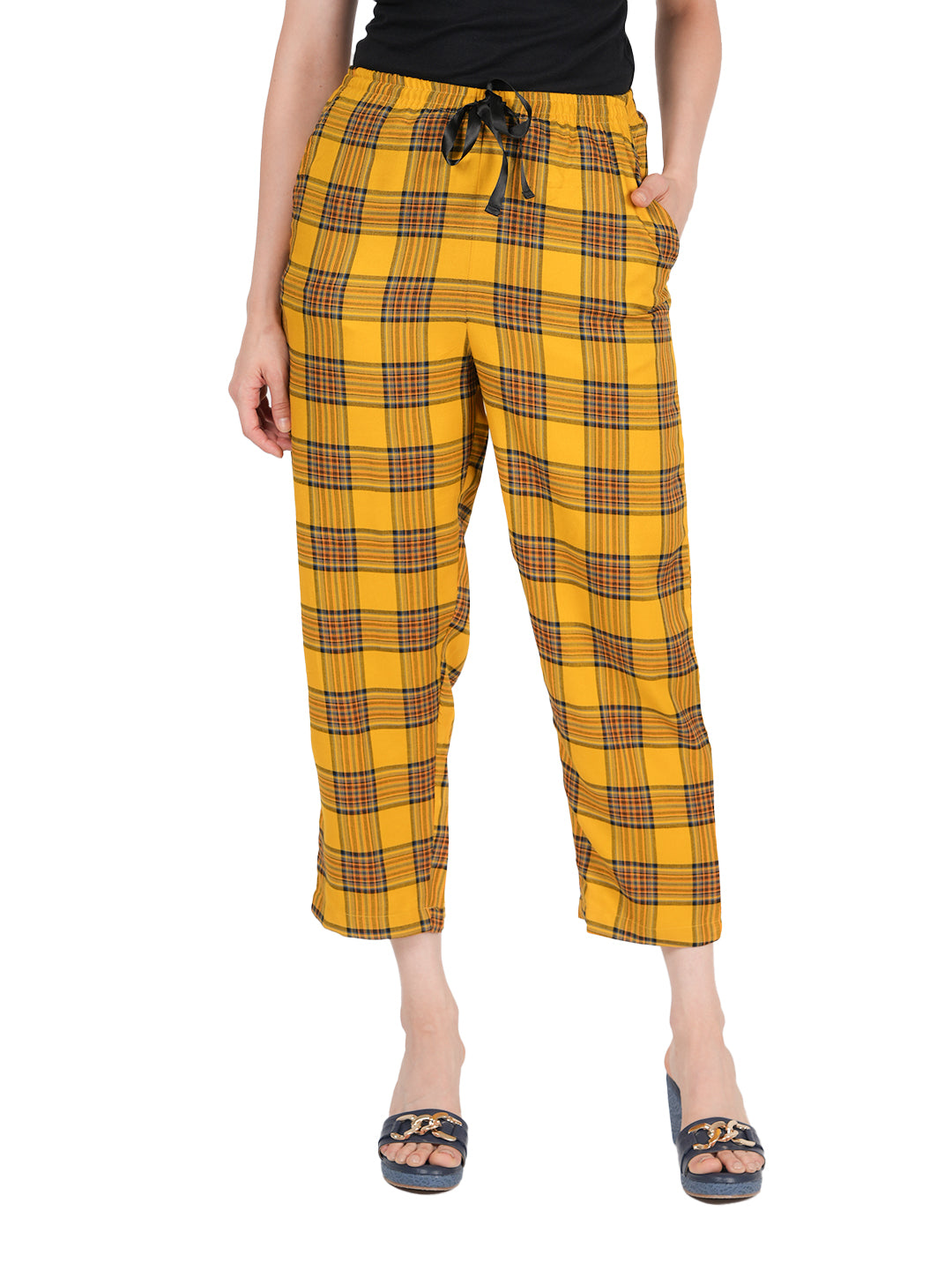 STYLE SHOES Yellow Checked Cotton Mid Rise Pyjama/Lounge Pant for Women and Girls