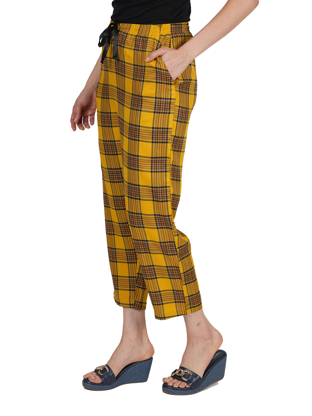 STYLE SHOES Yellow Checked Cotton Mid Rise Pyjama/Lounge Pant for Women and Girls