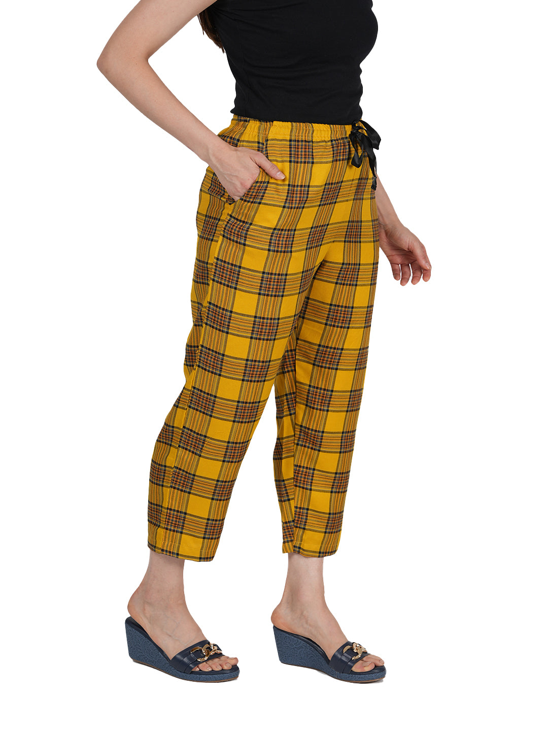 STYLE SHOES Yellow Checked Cotton Mid Rise Pyjama/Lounge Pant for Women and Girls