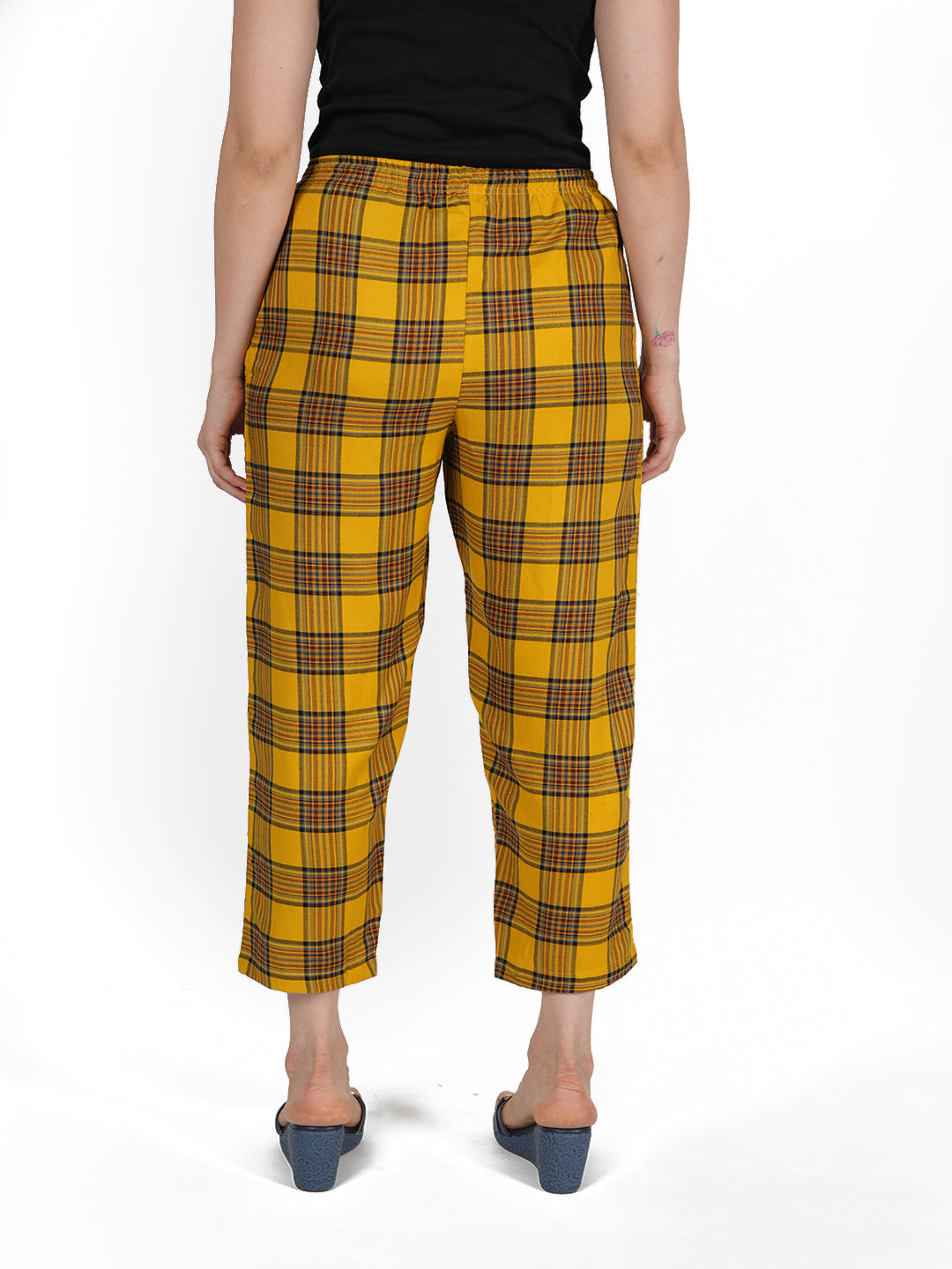 STYLE SHOES Yellow Checked Cotton Mid Rise Pyjama/Lounge Pant for Women and Girls