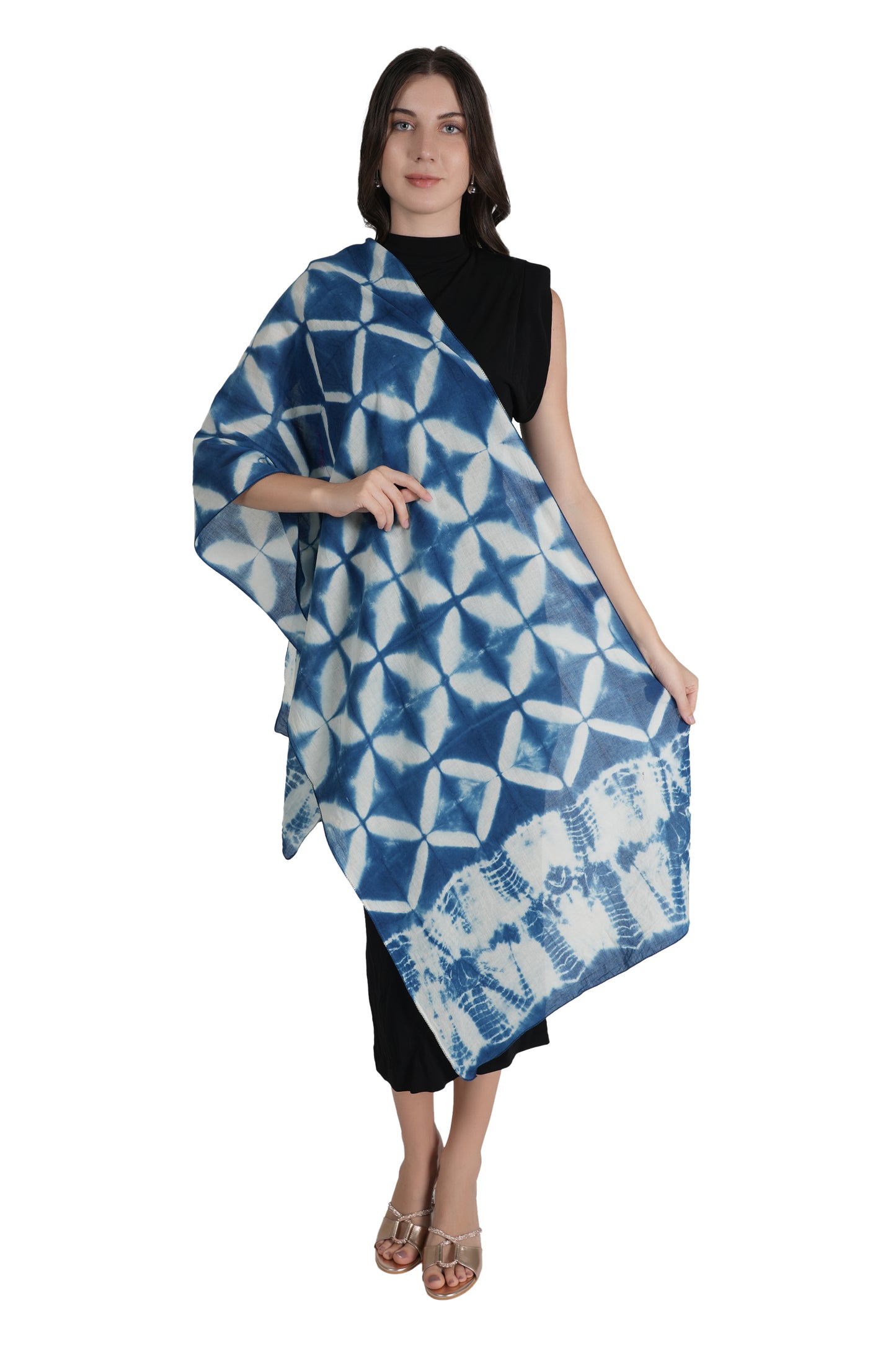 Style Shoes White & Blue Tie and Dye Printed Cotton Stole for Women & Girls