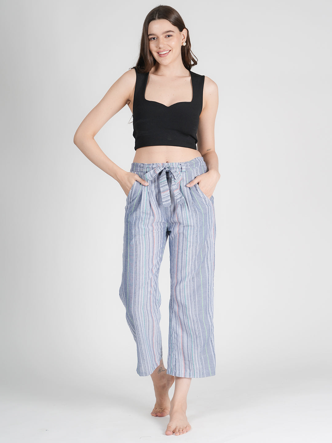 STYLE SHOES Grey Regular Fit Striped Cotton Pyjama/Lounge Pant for Women & Girls
