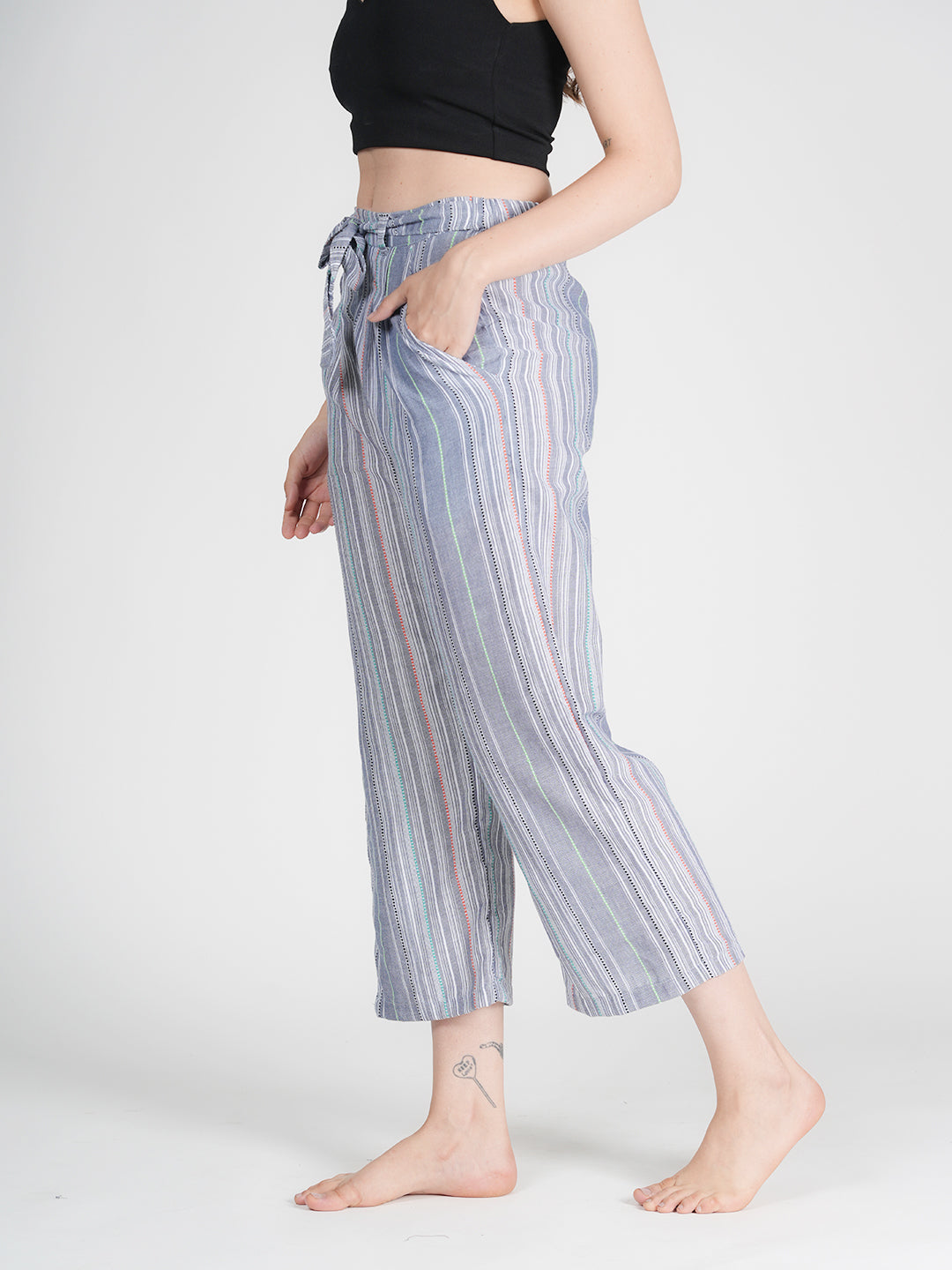 STYLE SHOES Grey Regular Fit Striped Cotton Pyjama/Lounge Pant for Women & Girls