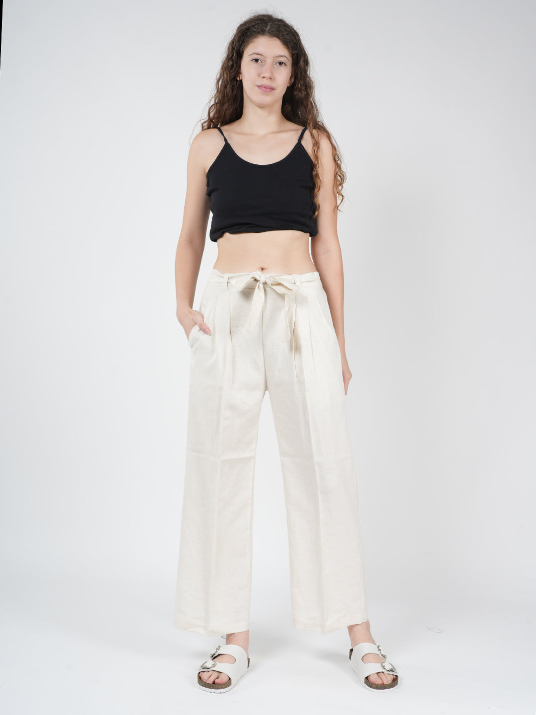 STYLE SHOES Cream Regular Fit Mid Rise Knot Linen Pyjama/Lounge Pant for Women & Girls