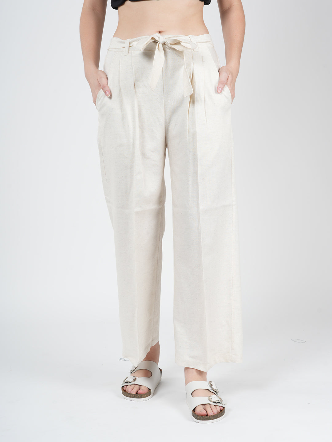 STYLE SHOES Cream Regular Fit Mid Rise Knot Linen Pyjama/Lounge Pant for Women & Girls