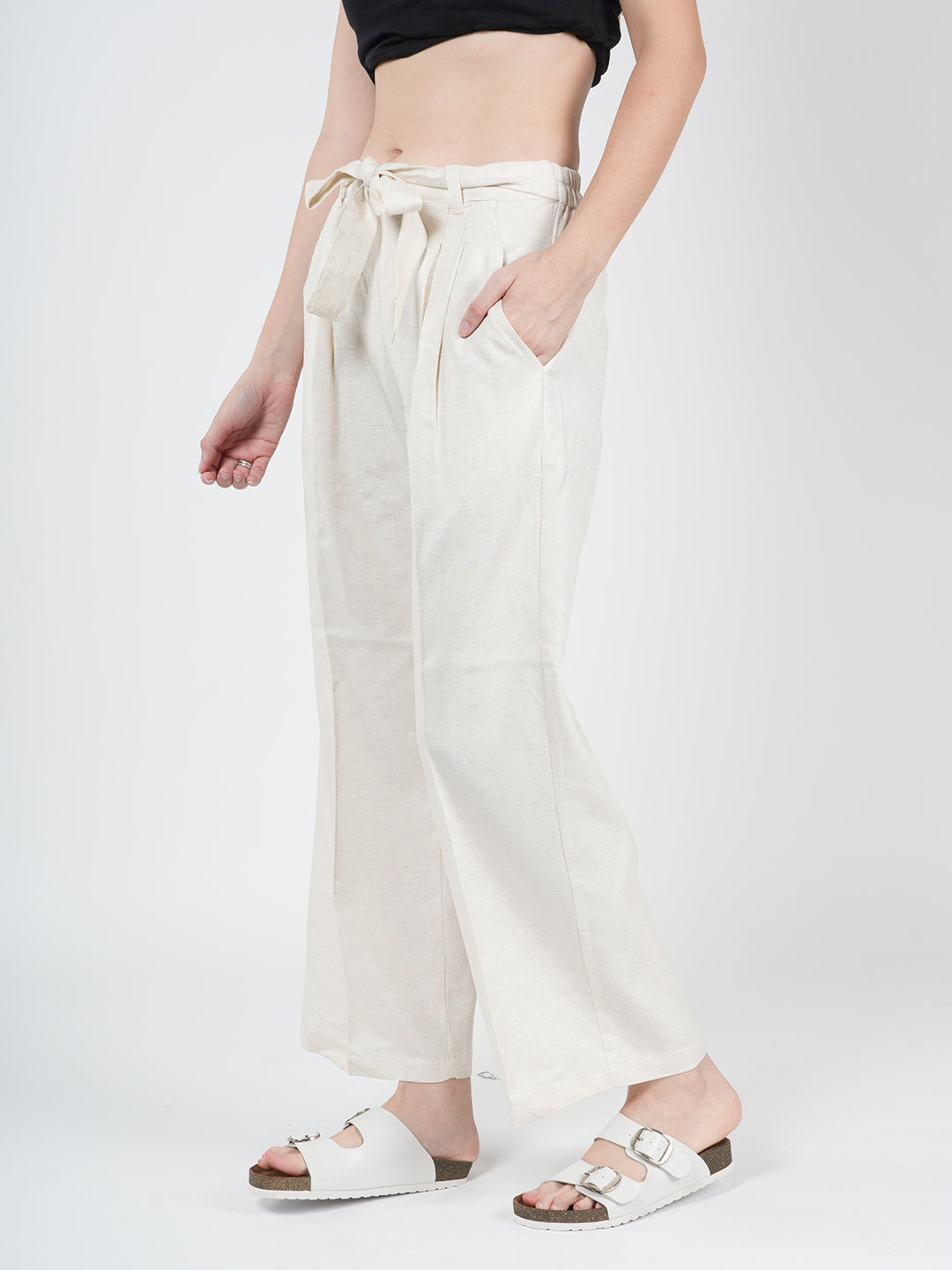 STYLE SHOES Cream Regular Fit Mid Rise Knot Linen Pyjama/Lounge Pant for Women & Girls