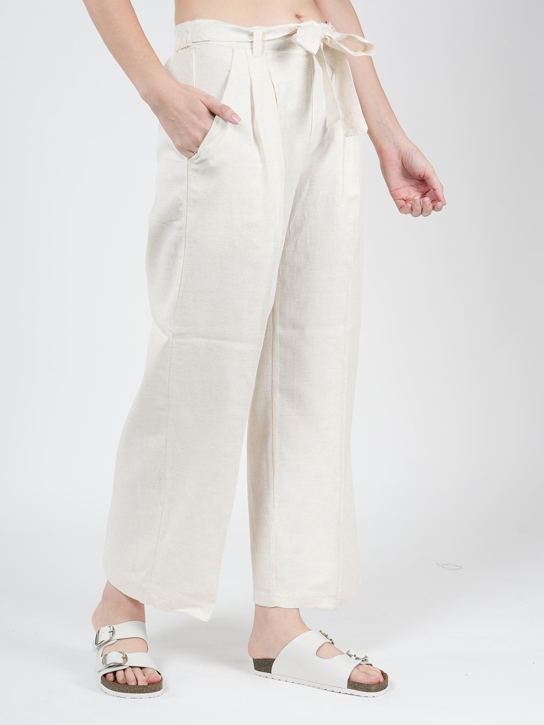 STYLE SHOES Cream Regular Fit Mid Rise Knot Linen Pyjama/Lounge Pant for Women & Girls