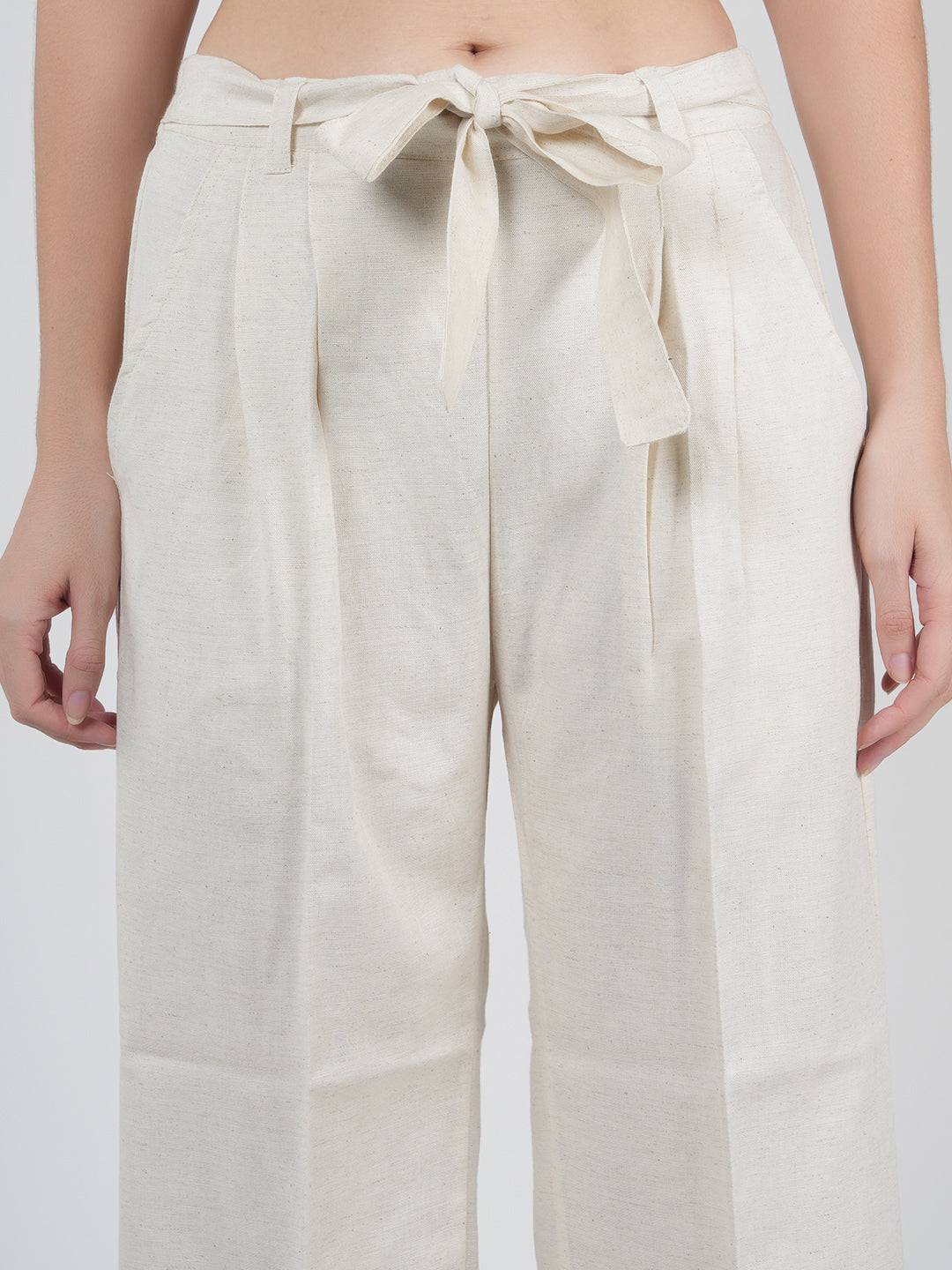 STYLE SHOES Cream Regular Fit Mid Rise Knot Linen Pyjama/Lounge Pant for Women & Girls