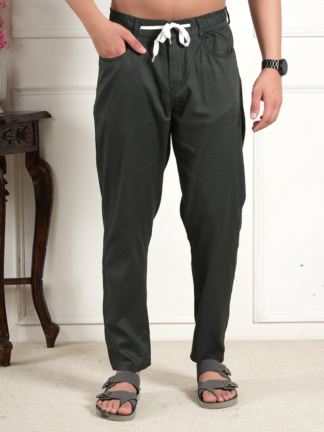 Dark Green Linen Collared Shirt and All Day Trouser Co-ord Set For Men