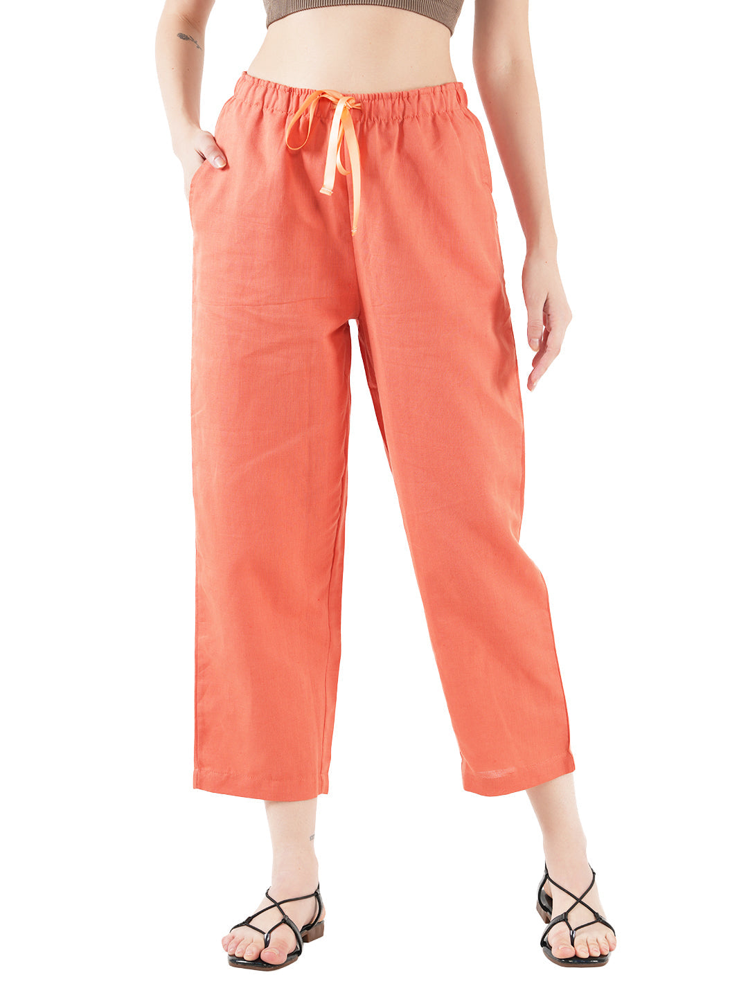 Style Shoes Orange Regular Fit Linen Pyjama/Lounge Pant for Women & Girls