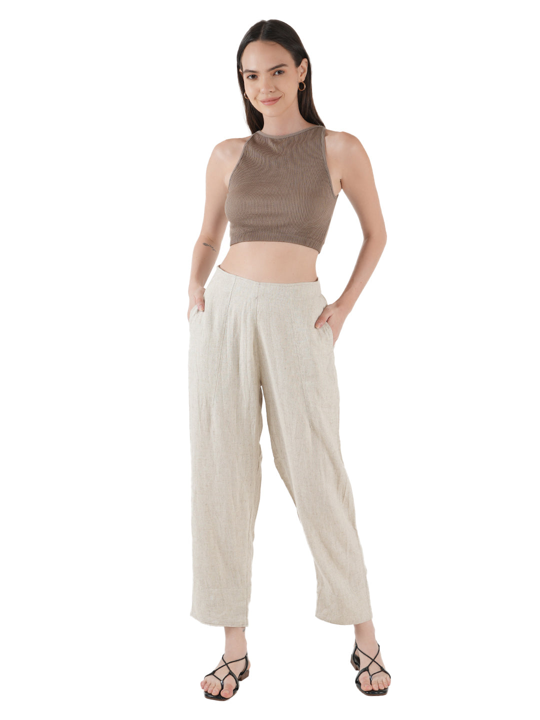 STYLE SHOES Cream Regular Fit Mid Rise Linen Pyjama/Lounge Pant for Women & Girls