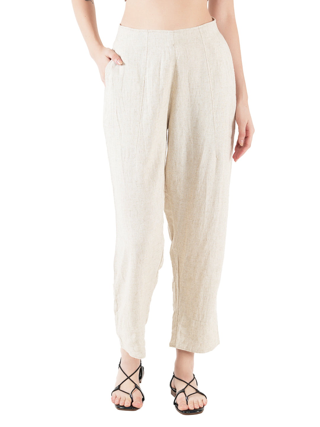 STYLE SHOES Cream Regular Fit Mid Rise Linen Pyjama/Lounge Pant for Women & Girls