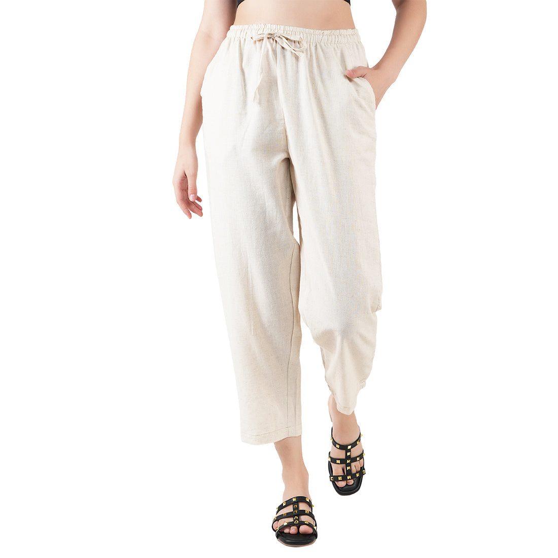 STYLE SHOES Cream Regular Fit Linen Pyjama/Lounge Pant for Women & Girls