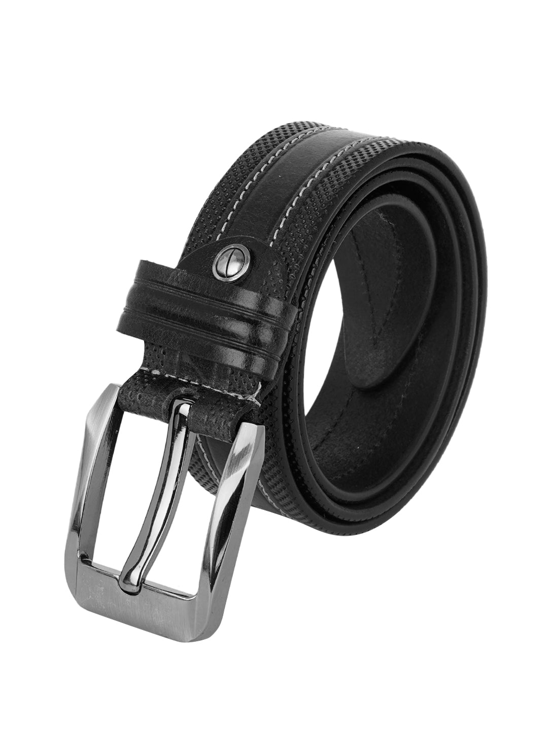 Style Shoes Black Genuine Leather Striped Belt with Tang Buckle Closure for Men and Boys