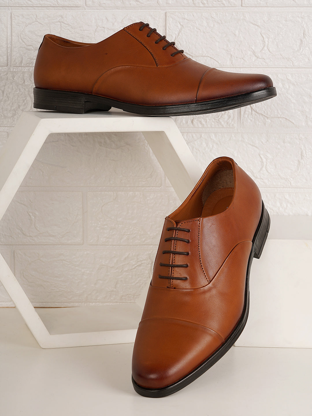 STYLE SHOES Tan Lace Up Leather Formal Oxford Shoes for Men