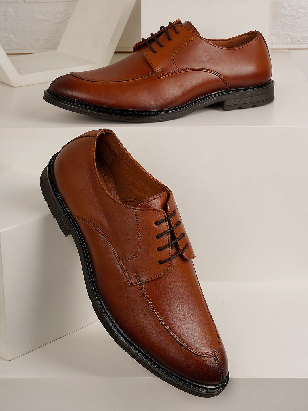 STYLE SHOES Tan Leather Formal Lace Up Derby Shoes for Men