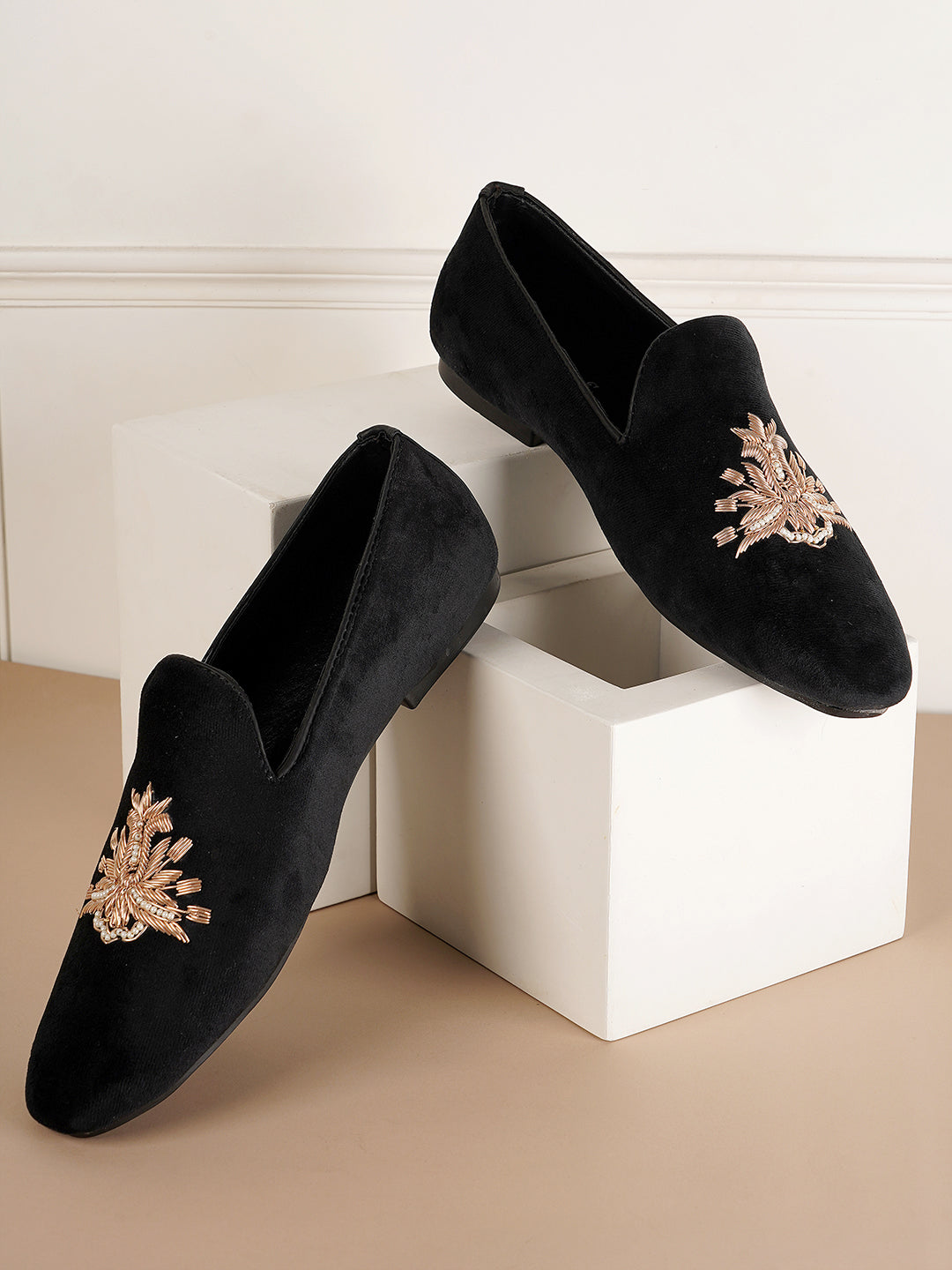 STYLE SHOES Black Gold Toned Embroidered Suede Loafers Shoes for Men