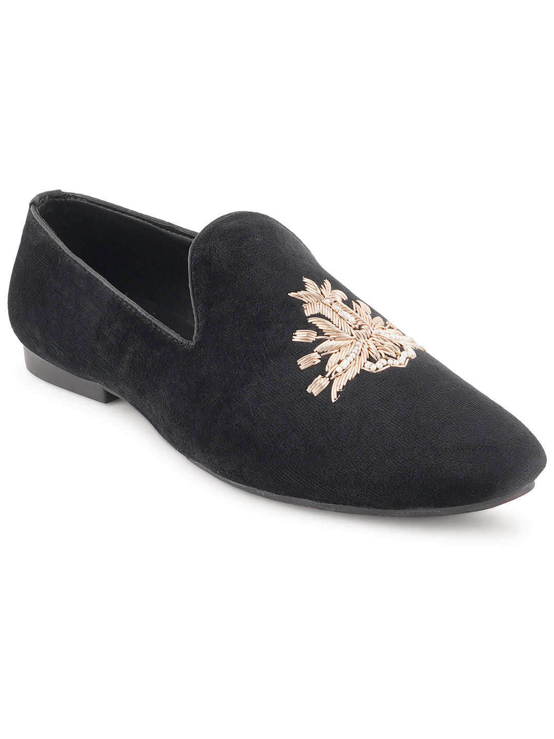 STYLE SHOES Black Gold Toned Embroidered Suede Loafers Shoes for Men