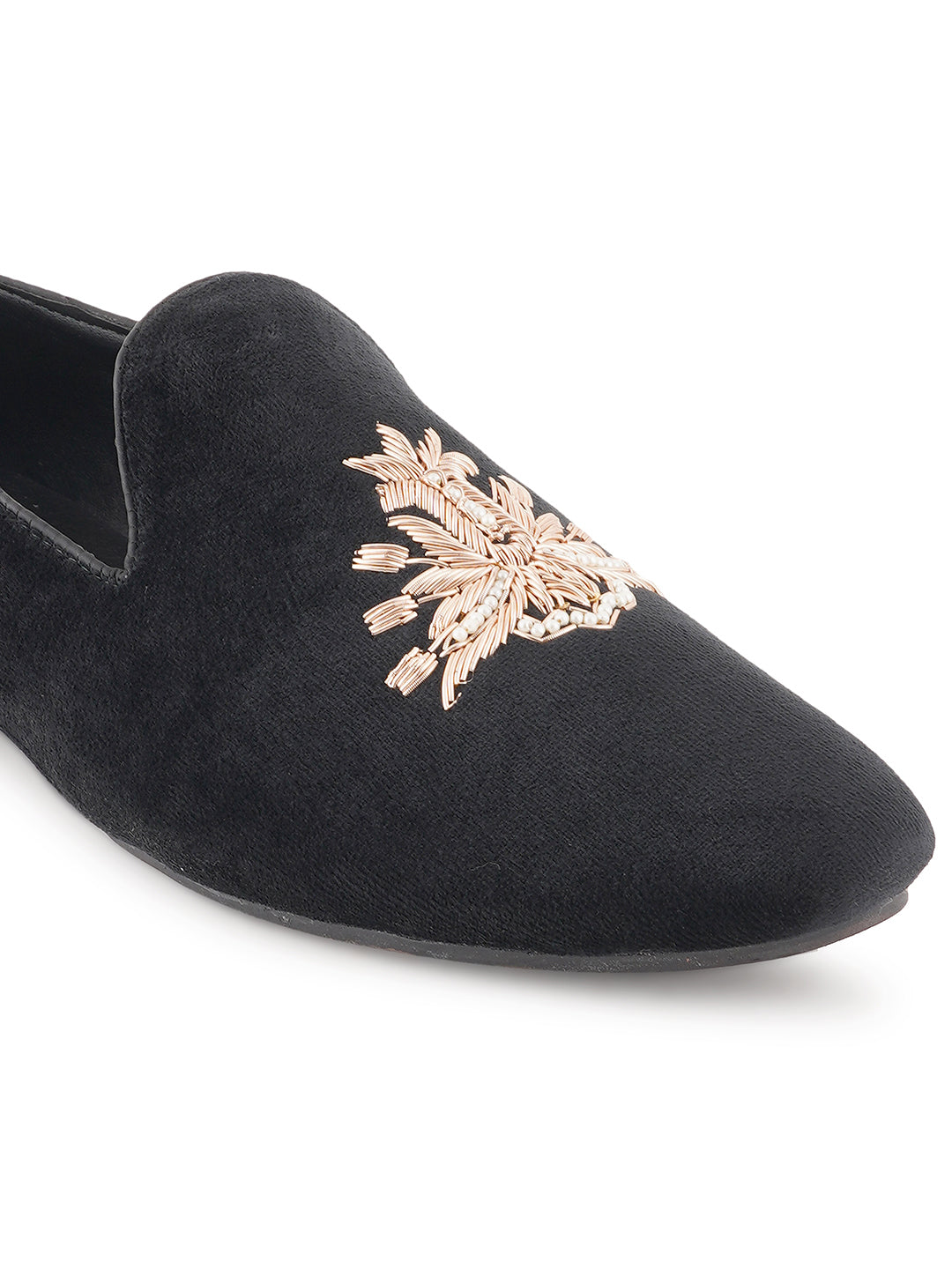 STYLE SHOES Black Gold Toned Embroidered Suede Loafers Shoes for Men