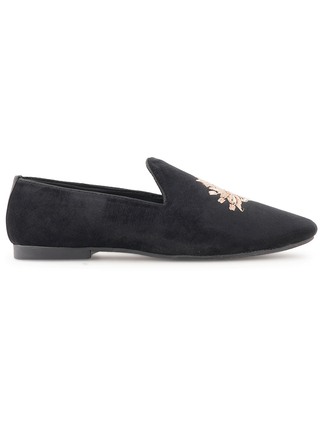 STYLE SHOES Black Gold Toned Embroidered Suede Loafers Shoes for Men