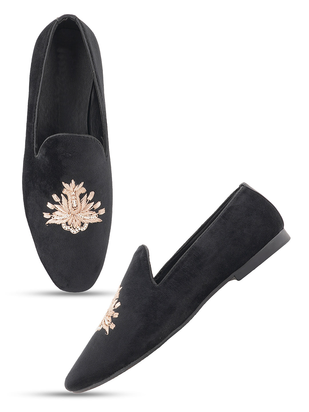 STYLE SHOES Black Gold Toned Embroidered Suede Loafers Shoes for Men