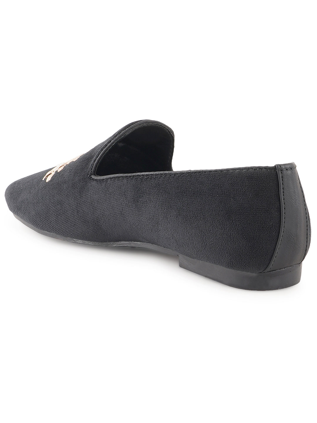 STYLE SHOES Black Gold Toned Embroidered Suede Loafers Shoes for Men