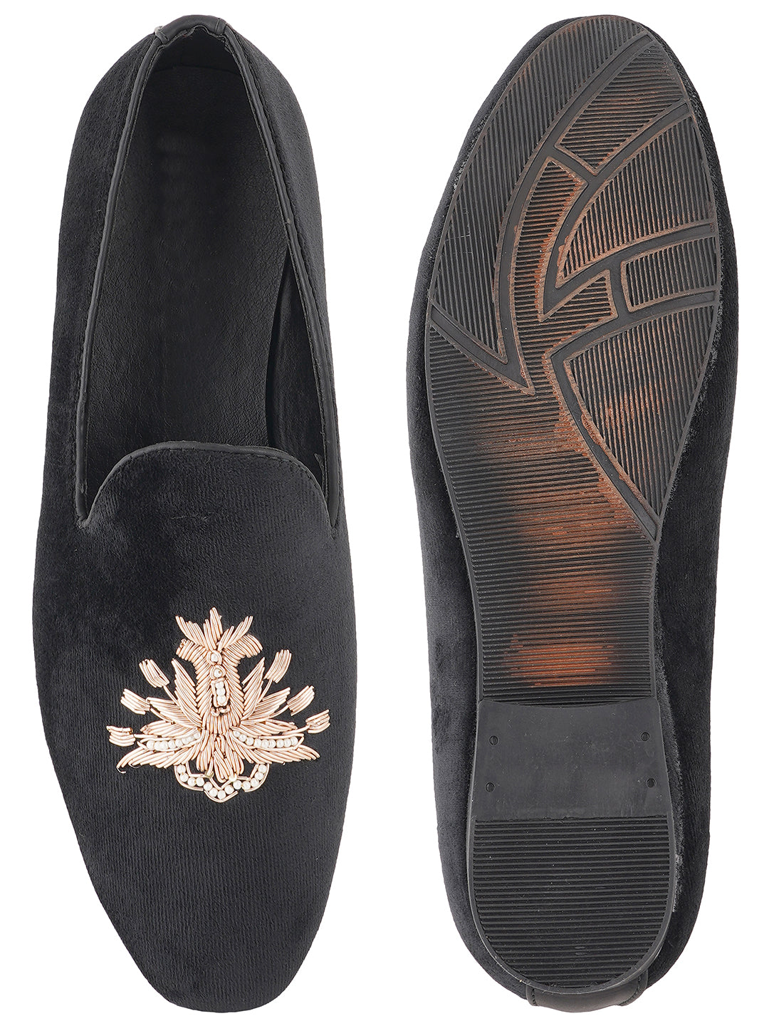 STYLE SHOES Black Gold Toned Embroidered Suede Loafers Shoes for Men