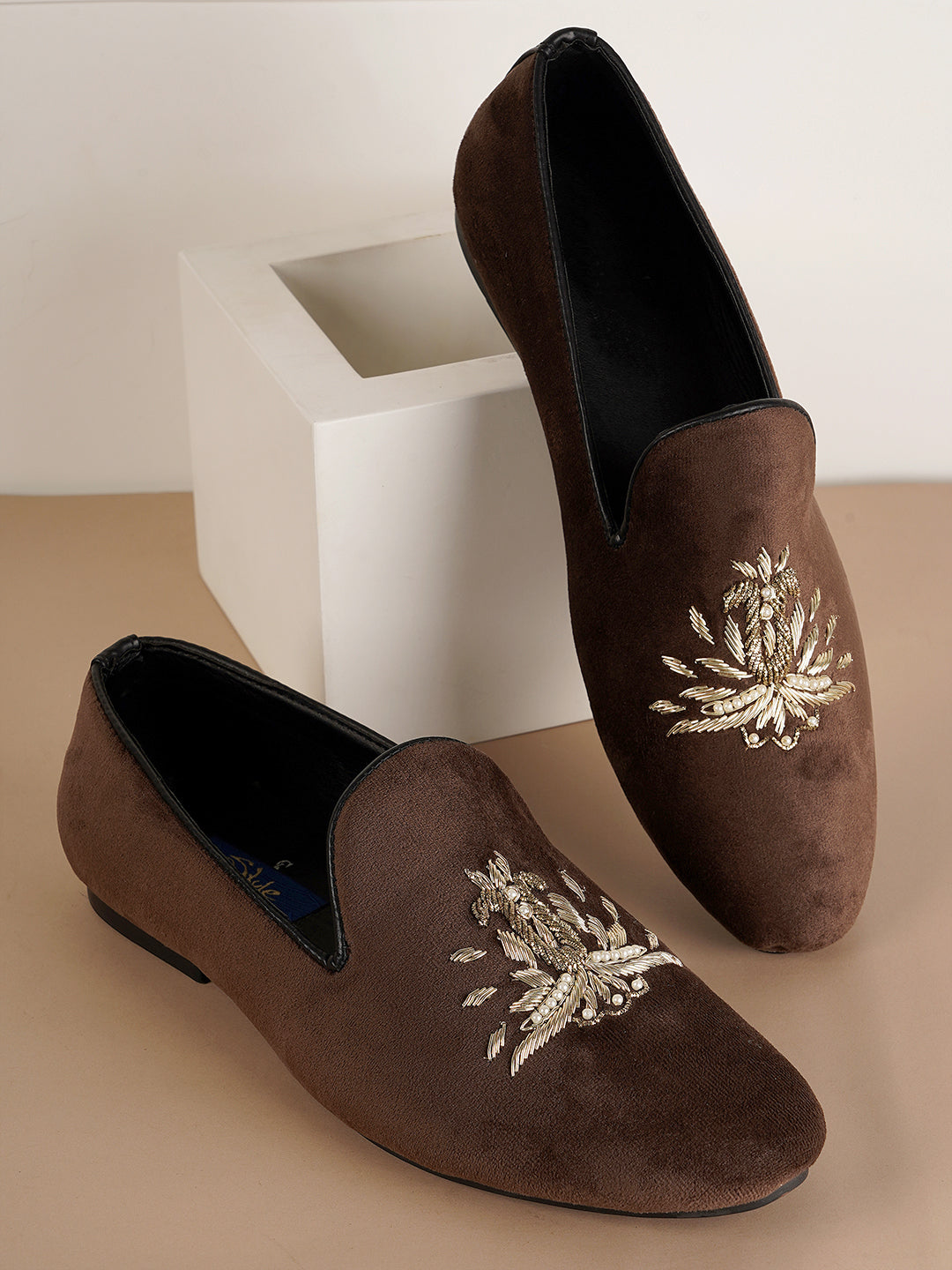 STYLE SHOES Brown Gold Toned Embroidered Suede Loafers Shoes for Men