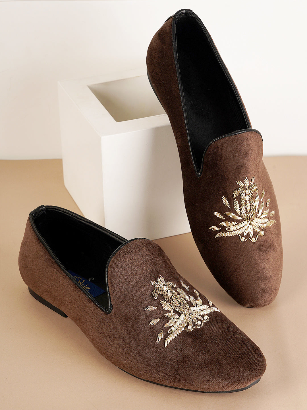 STYLE SHOES Brown Gold Toned Embroidered Suede Loafers Shoes for Men
