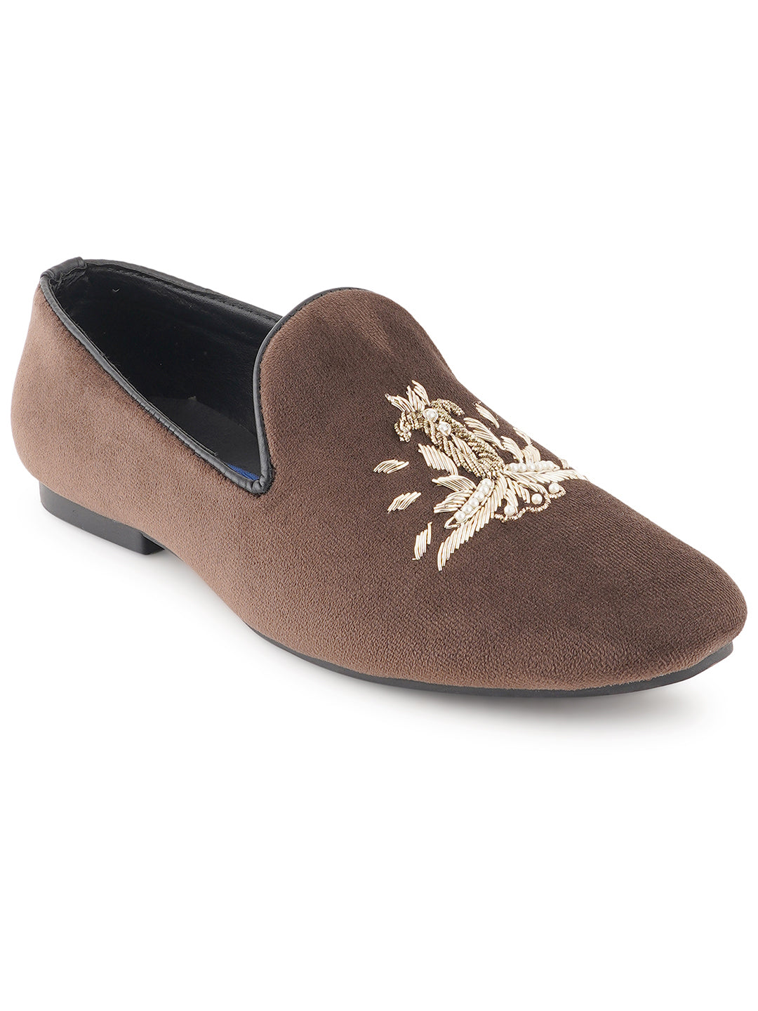 STYLE SHOES Brown Gold Toned Embroidered Suede Loafers Shoes for Men