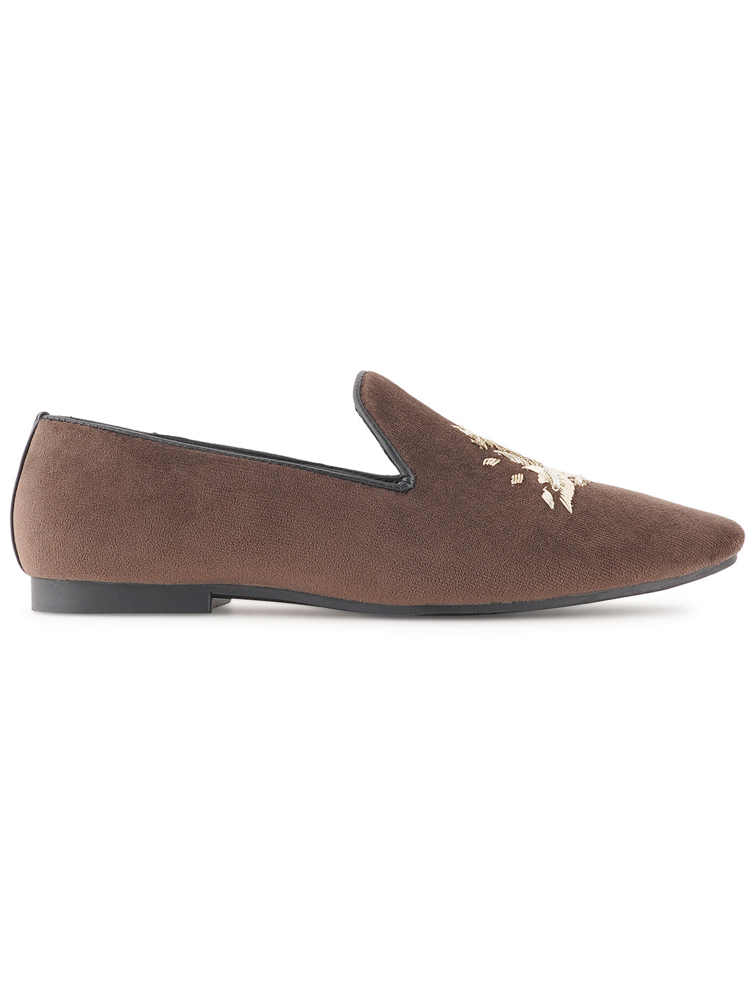 STYLE SHOES Brown Gold Toned Embroidered Suede Loafers Shoes for Men