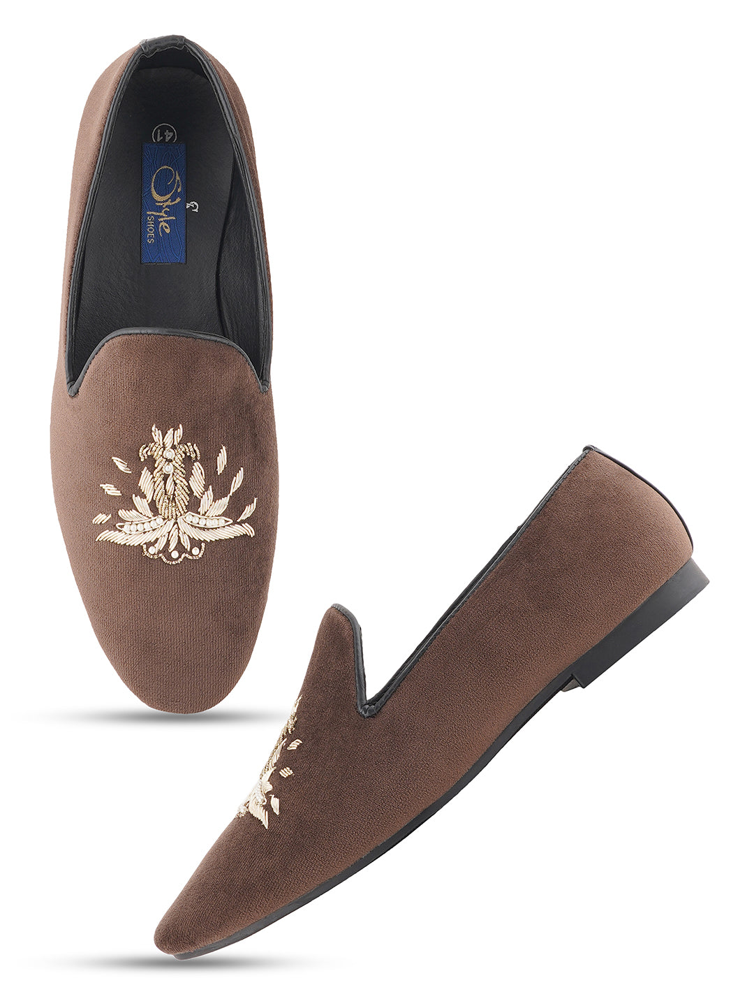 STYLE SHOES Brown Gold Toned Embroidered Suede Loafers Shoes for Men
