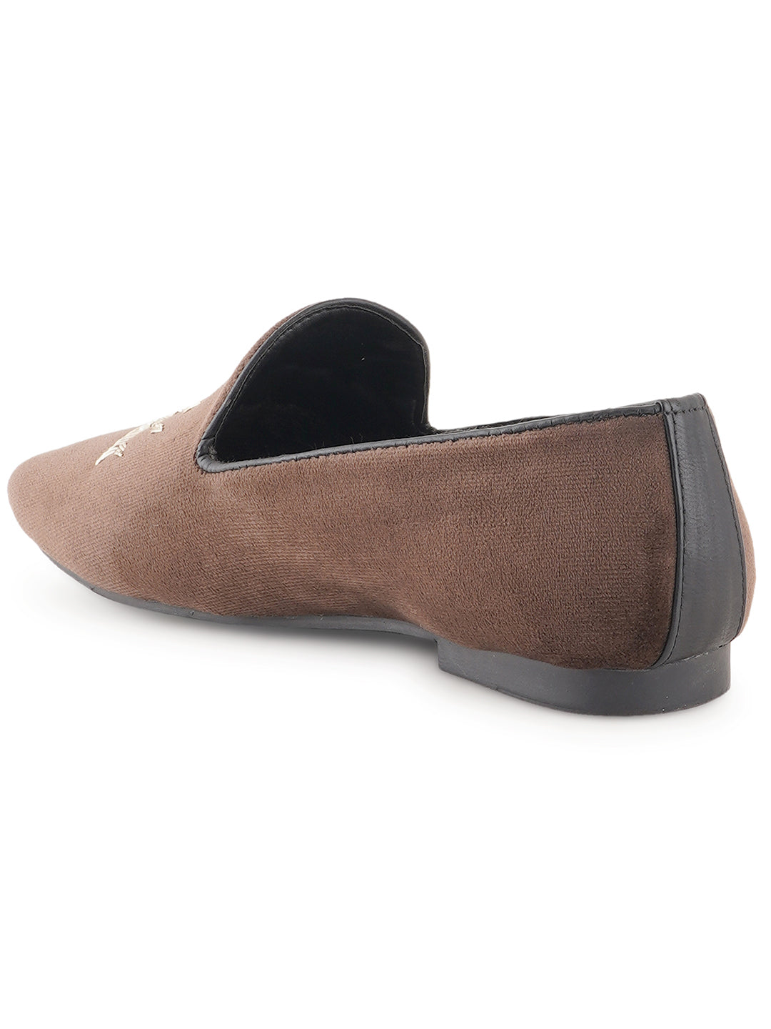 STYLE SHOES Brown Gold Toned Embroidered Suede Loafers Shoes for Men