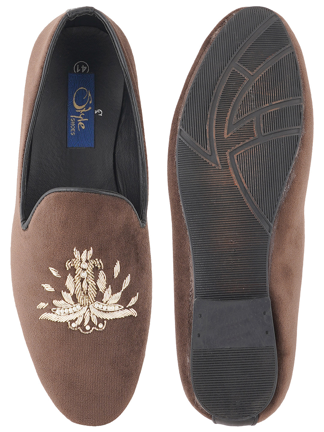 STYLE SHOES Brown Gold Toned Embroidered Suede Loafers Shoes for Men
