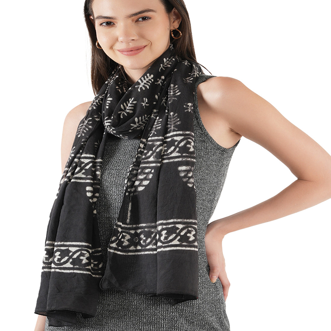 Style Shoes Black Leaves Hand Printed Cotton Stole for Women & Girls