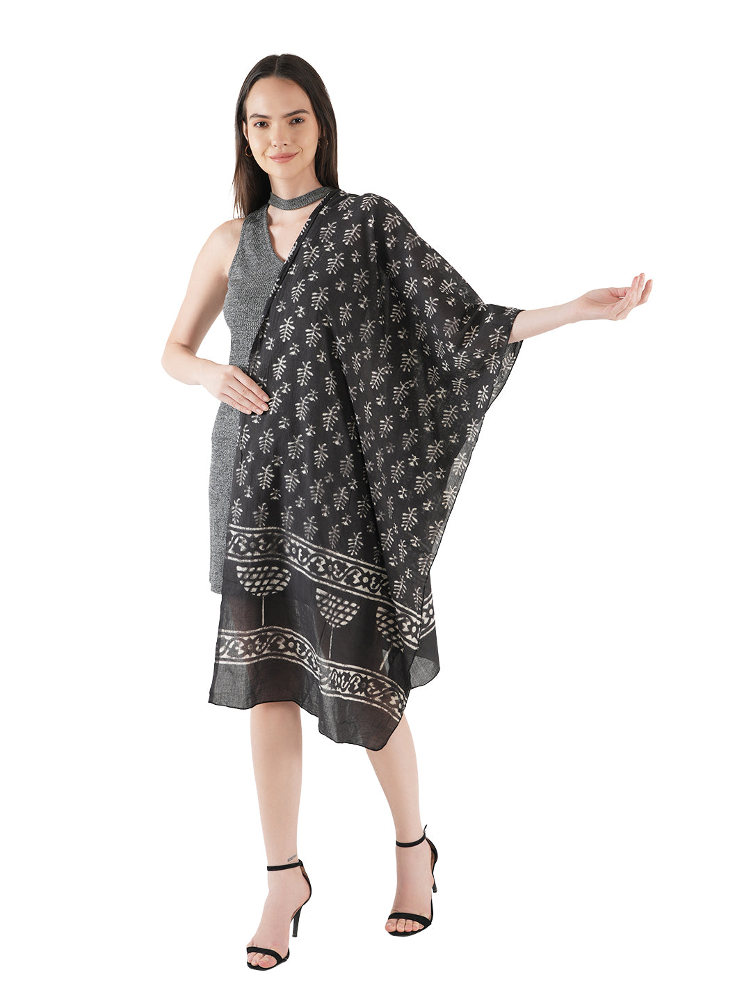 Style Shoes Black Leaves Hand Printed Cotton Stole for Women & Girls