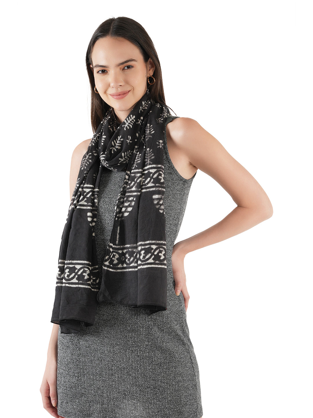 Style Shoes Black Leaves Hand Printed Cotton Stole for Women & Girls