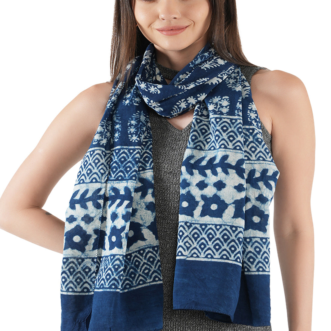 Style Shoes Blue Hand Printed Design Cotton Stole for Women & Girls