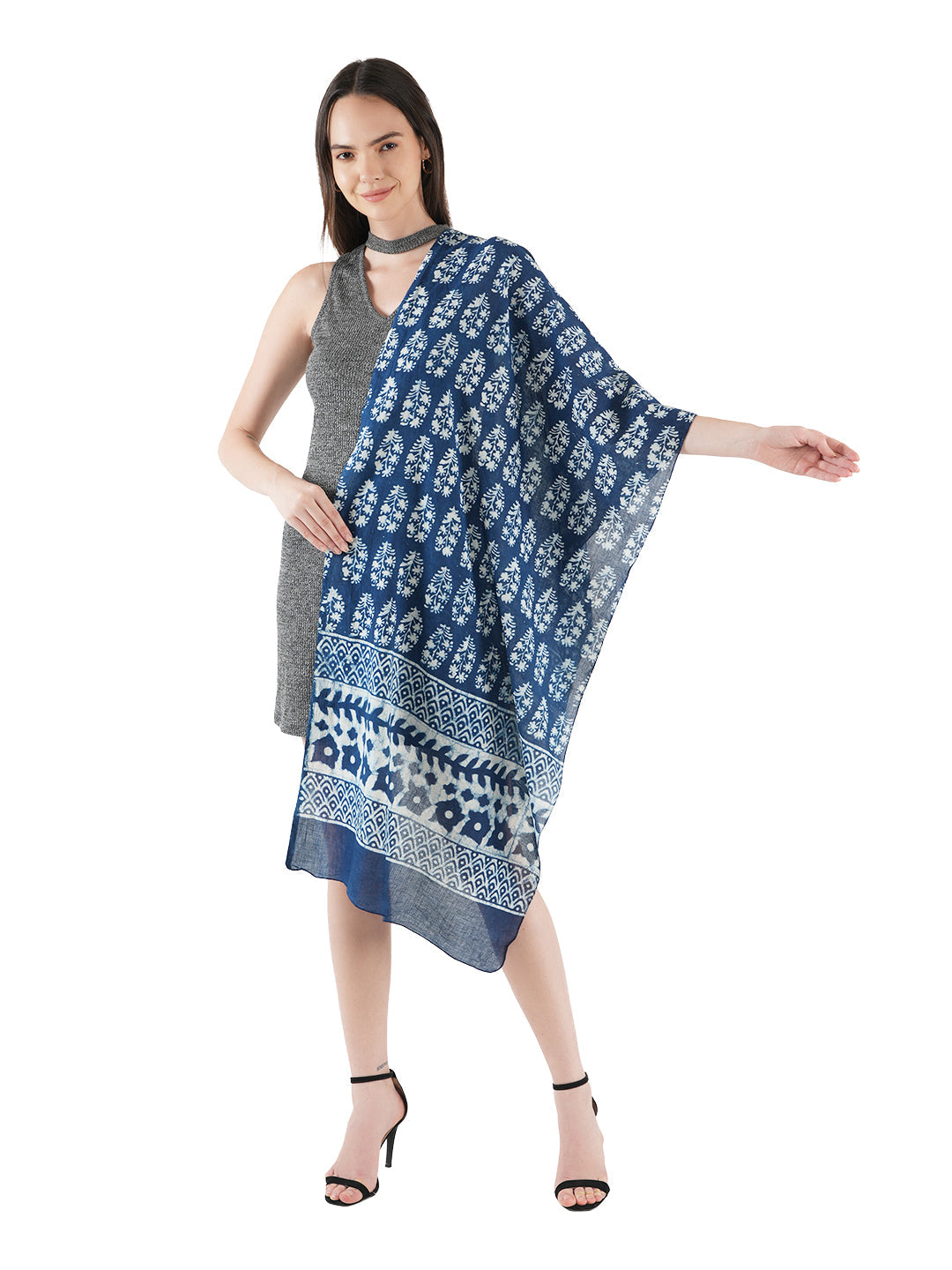 Style Shoes Blue Hand Printed Design Cotton Stole for Women & Girls