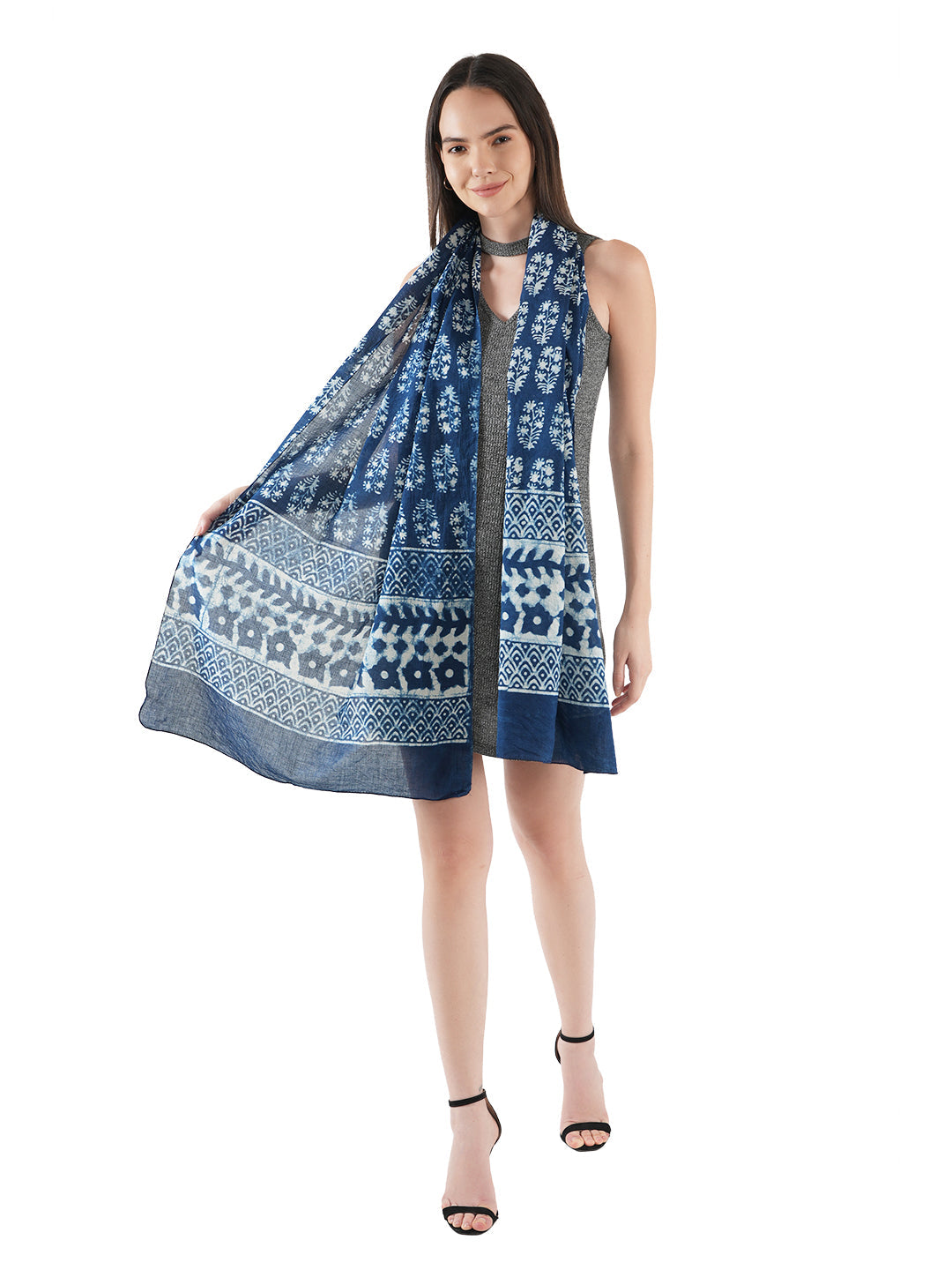 Style Shoes Blue Hand Printed Design Cotton Stole for Women & Girls