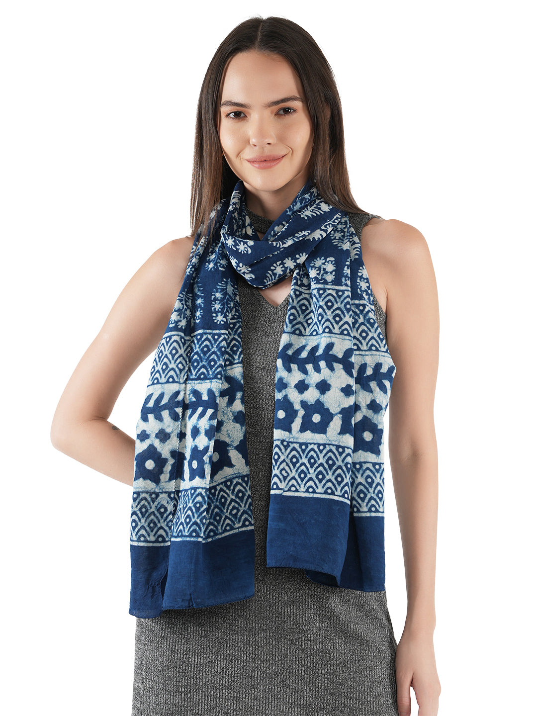 Style Shoes Blue Hand Printed Design Cotton Stole for Women & Girls