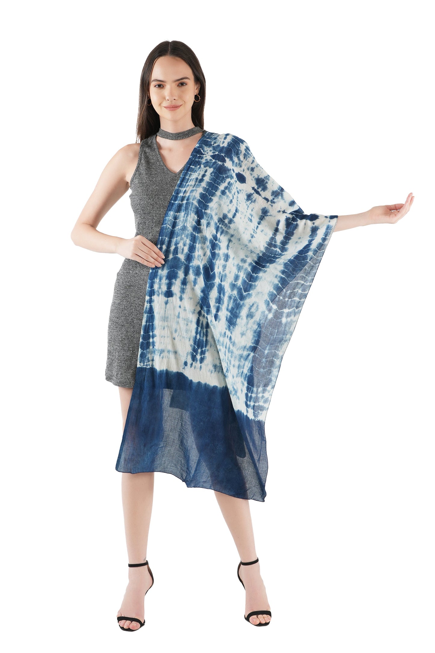 Style Shoes White & Blue Tie and Dye Printed Cotton Stole for Women & Girls