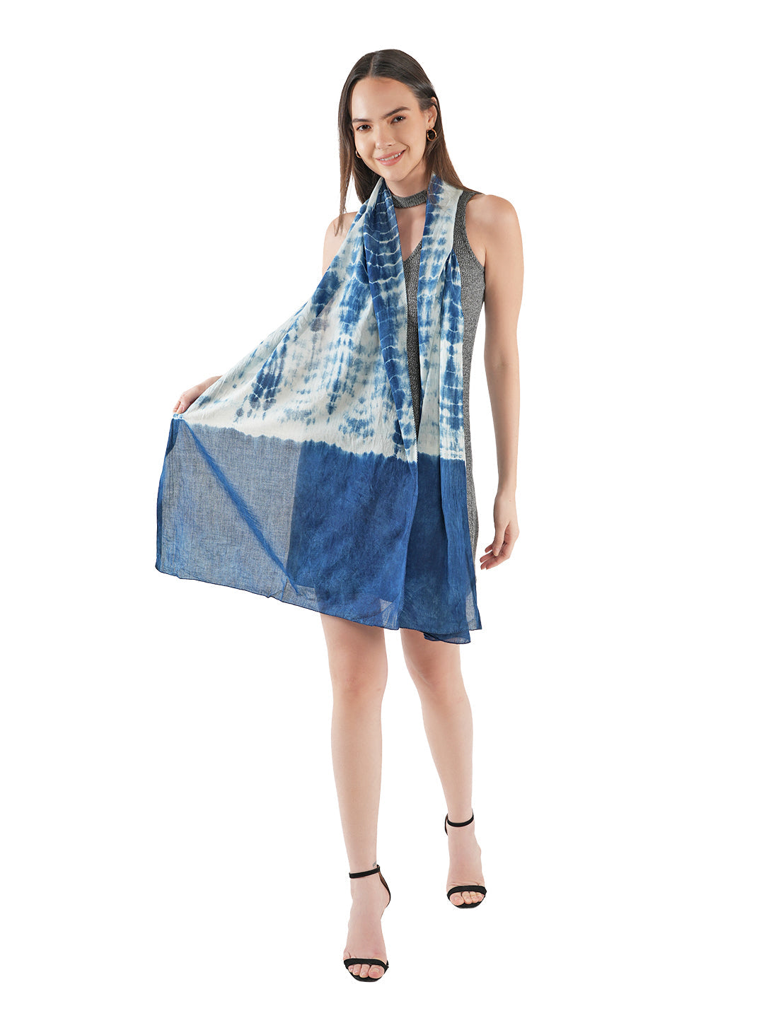 Style Shoes White & Blue Tie and Dye Printed Cotton Stole for Women & Girls